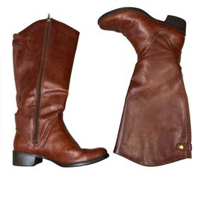 Merona Cognac Brown Faux Leather Riding Boots Knee High Wide Calf 17" Size 9.5